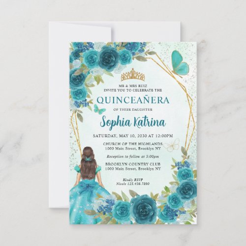 Budget Teal Green Gold Floral Princess Quinceaera Note Card
