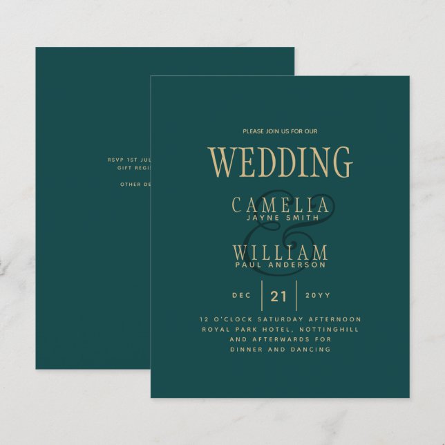BUDGET TEAL Green Gold Monochrome Wedding Invite (Front/Back)
