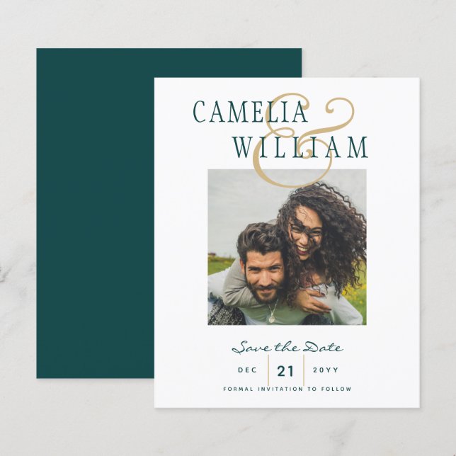 BUDGET Teal Green Gold PHOTO Save the Date (Front/Back)