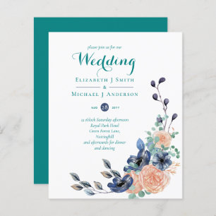BUDGET Teal Navy Coral Floral Wedding Invitations