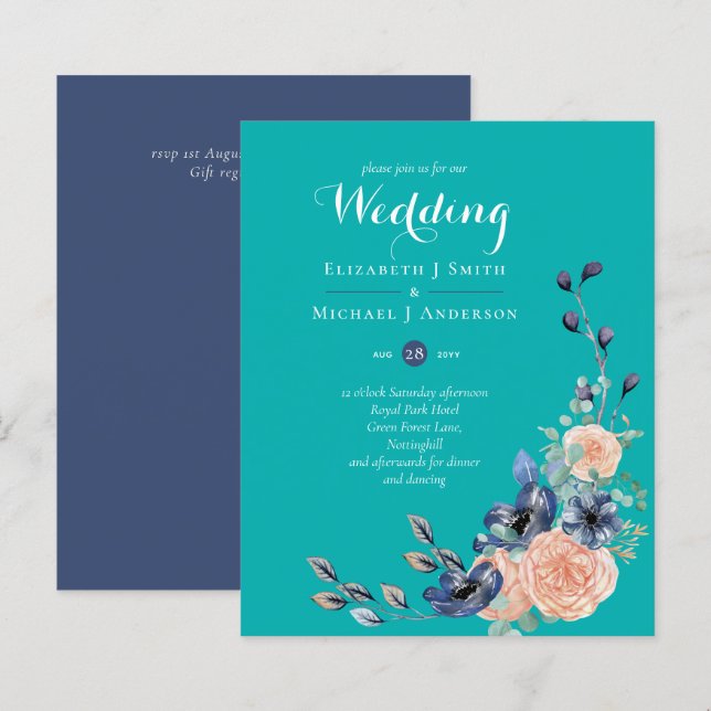 BUDGET  Teal Navy Coral Floral Wedding Invitations (Front/Back)