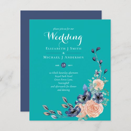 BUDGET  Teal Navy Coral Floral Wedding Invitations
