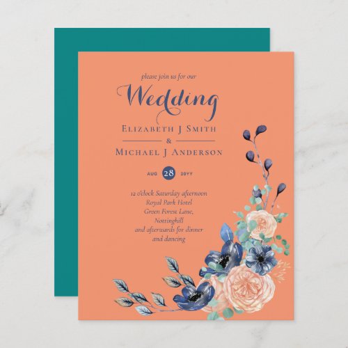 BUDGET Teal Navy Coral Floral Wedding Invitations