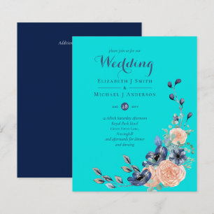BUDGET  Teal Navy Coral Floral Wedding Invitations