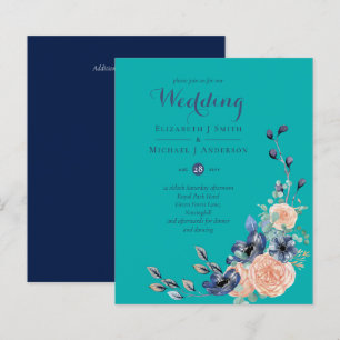 BUDGET Teal Navy Coral Floral Wedding Invitations