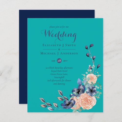 BUDGET  Teal Navy Coral Floral Wedding Invitations