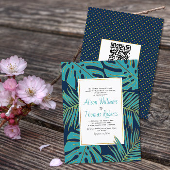 Budget Teal Navy Qr Code Leaves Wedding Invitation by weddings_ at Zazzle