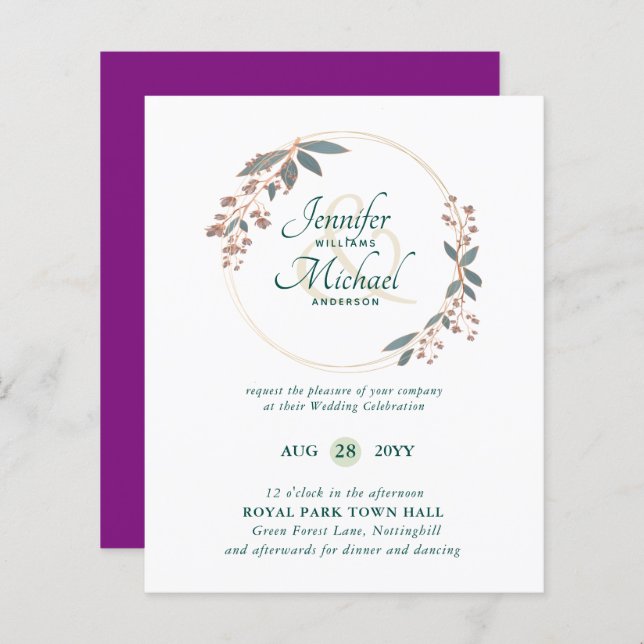 BUDGET Teal Orange Leaves Wedding Invitation (Front/Back)