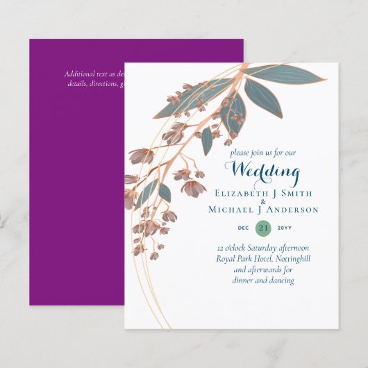 BUDGET Teal Orange Leaves Wedding Invitation (Front/Back)