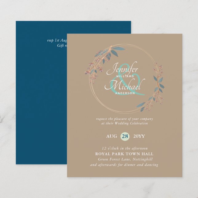 BUDGET Teal Orange Leaves Wedding Invitation (Front/Back)