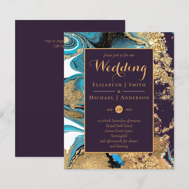 BUDGET Teal Purple Gold Agate Wedding Invite (Front/Back)