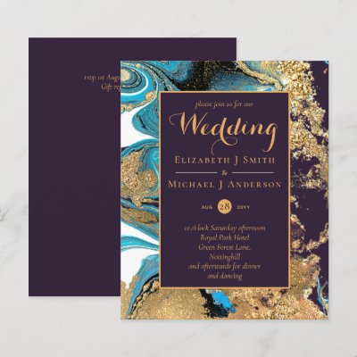 BUDGET Teal Purple Gold Agate Wedding Invite