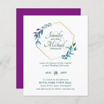 BUDGET Teal Purple Gold Wreath Wedding Invitations