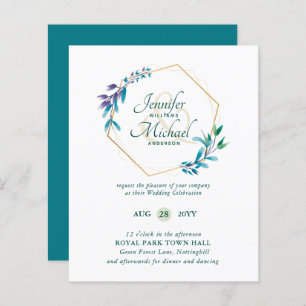 BUDGET Teal Purple Gold Wreath Wedding Invitations