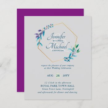 BUDGET Teal Purple Gold Wreath Wedding Invitations