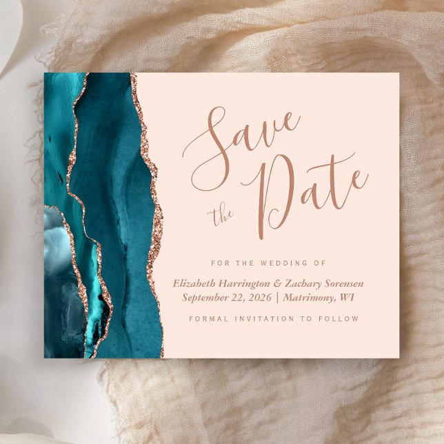 Budget Teal Rose Gold Agate Blush Save the Date (Creator Uploaded)