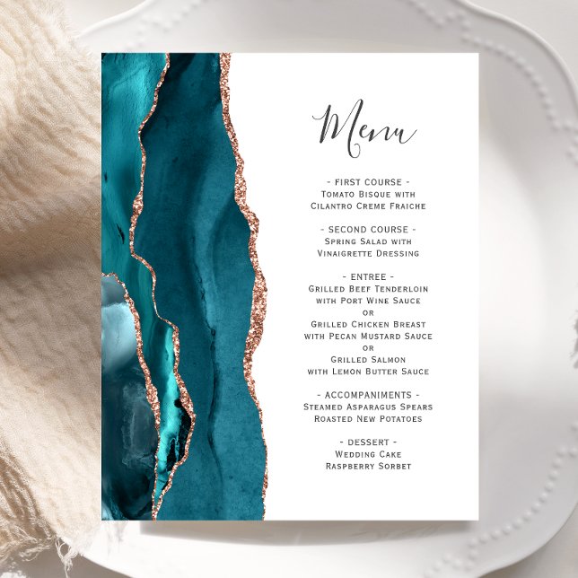 Budget Teal Rose Gold Agate Wedding Menu (Creator Uploaded)