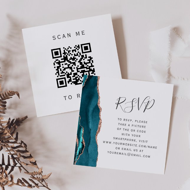 Budget Teal Rose Gold Agate Wedding QR Code RSVP Enclosure Card (Creator Uploaded)