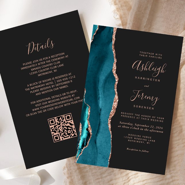Budget Teal Rose Gold Dark QR Code Wedding Invite (Creator Uploaded)