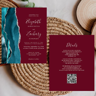 Budget Teal Silver Agate Burgundy QR Code Wedding