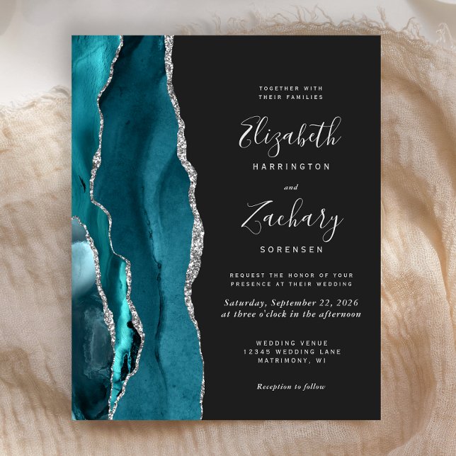 Budget Teal Silver Agate Dark Wedding Invitation (Creator Uploaded)