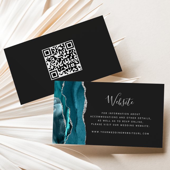 Budget Teal Silver Agate Dark Wedding QR Code Enclosure Card (Creator Uploaded)