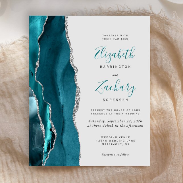 Budget Teal Silver Agate Gray Wedding Invitation (Creator Uploaded)