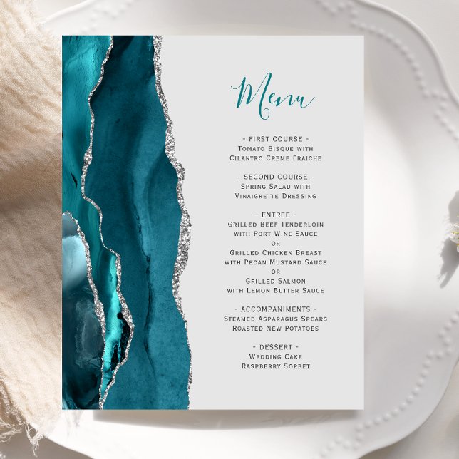 Budget Teal Silver Agate Gray Wedding Menu (Creator Uploaded)