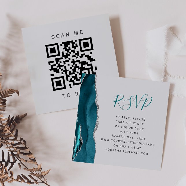 Budget Teal Silver Agate Gray Wedding QR Code RSVP Enclosure Card (Creator Uploaded)