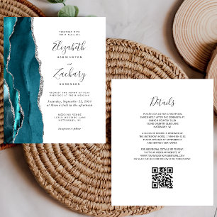 Budget Teal Silver Agate QR Code Wedding Invite