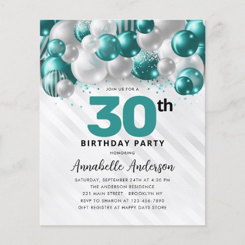 Budget Teal Silver Balloon Glitter 30th Birthday