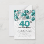 Budget Teal Silver Balloon Glitter 40th Birthday Note Card<br><div class="desc">Modern Glam Teal Green Silver Balloon Glitter Sparkle Any Age Birthday Invitation</div>