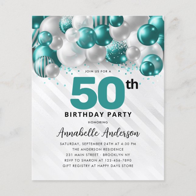 Budget Teal Silver Balloon Glitter 50th Birthday (Front)