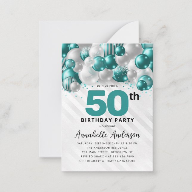 Budget Teal Silver Balloon Glitter 50th Birthday Note Card (Front)