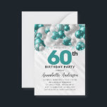 Budget Teal Silver Balloon Glitter 60th Birthday Note Card<br><div class="desc">Modern Glam Teal Green Silver Balloon Glitter Sparkle Any Age Birthday Invitation</div>