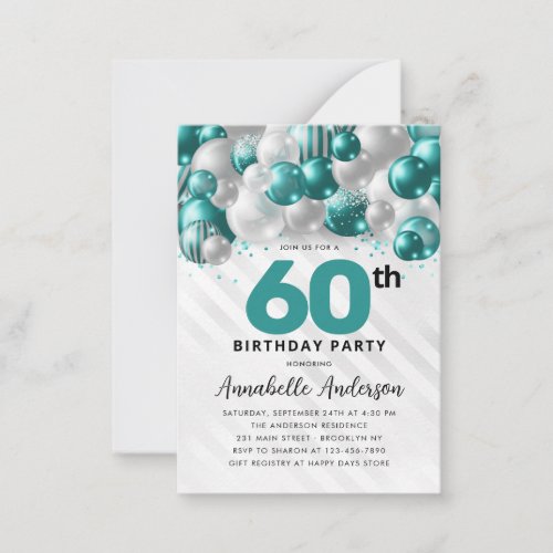 Budget Teal Silver Balloon Glitter 60th Birthday Note Card