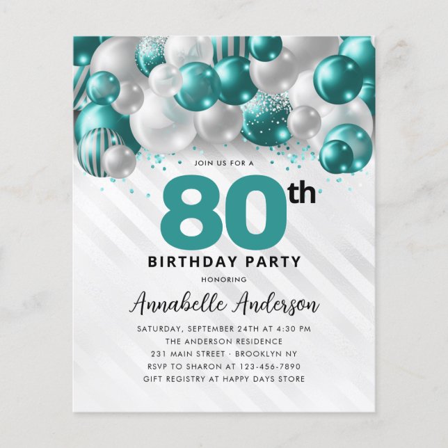 Budget Teal Silver Balloon Glitter 80th Birthday (Front)