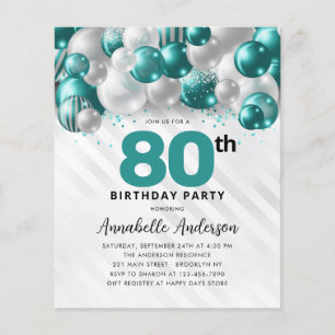 Budget Teal Silver Balloon Glitter 80th Birthday