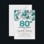 Budget Teal Silver Balloon Glitter 80th Birthday Note Card<br><div class="desc">Modern Glam Teal Green Silver Balloon Glitter Sparkle Any Age Birthday Invitation</div>