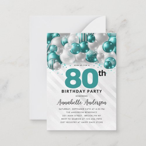 Budget Teal Silver Balloon Glitter 80th Birthday Note Card