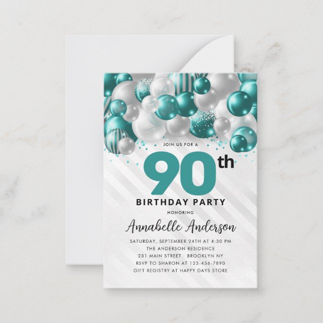 Budget Teal Silver Balloon Glitter 90th Birthday Note Card (Front)