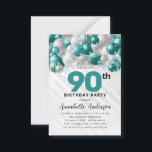 Budget Teal Silver Balloon Glitter 90th Birthday Note Card<br><div class="desc">Modern Glam Teal Green Silver Balloon Glitter Sparkle Any Age Birthday Invitation</div>