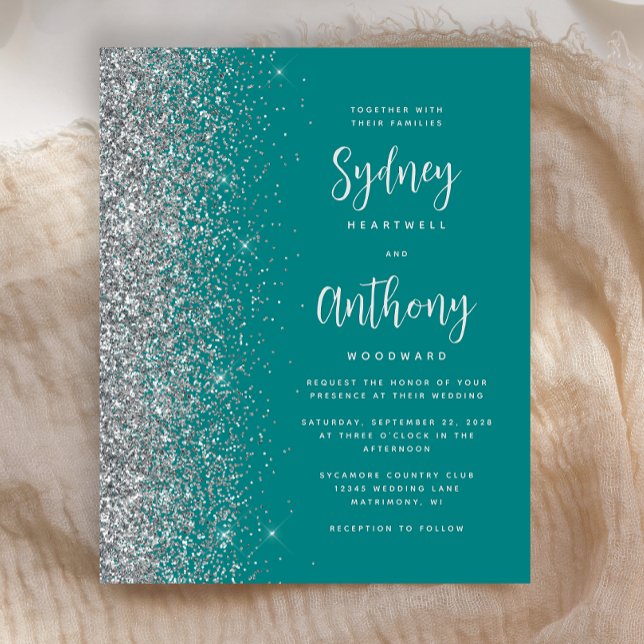 Budget Teal Silver Calligraphy Wedding Invite (Creator Uploaded)