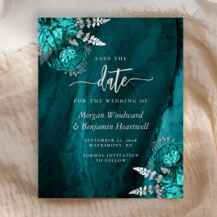 Budget Teal Silver Floral Wedding Save the Date
