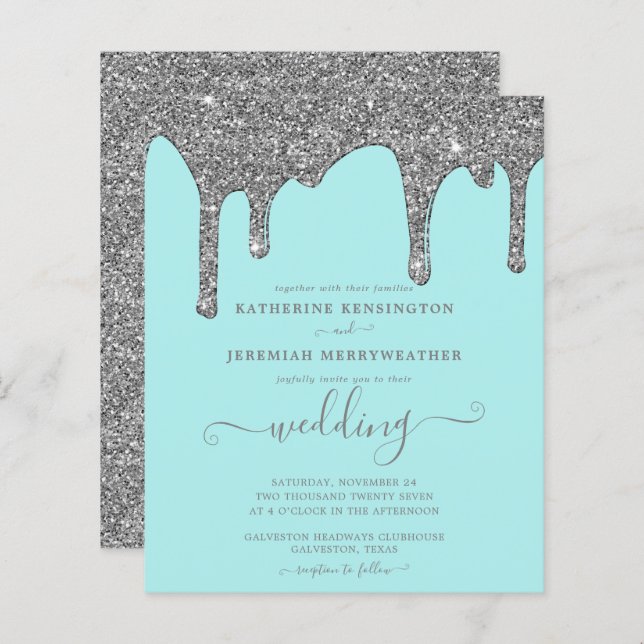 Budget Teal Silver Glitter Drips Wedding Invite (Front/Back)