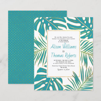 BUDGET teal tropical leaves wedding invitation