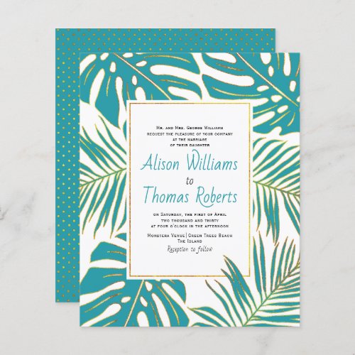 BUDGET teal tropical leaves wedding invitation