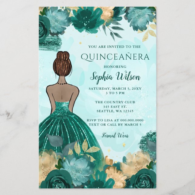 Budget Teal Turquoise Gold Princess Quinceañera  (Front)