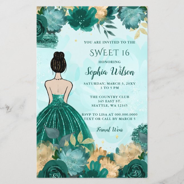 Budget Teal Turquoise Gold Princess Sweet 16  (Front)