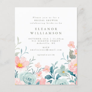 Budget Teal Watercolor Floral Bridal Shower Invite